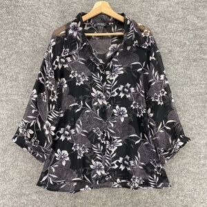 Jazzie Shirt Women 1X Plus Black Floral Button Up Collared Long Sleeve Sheer